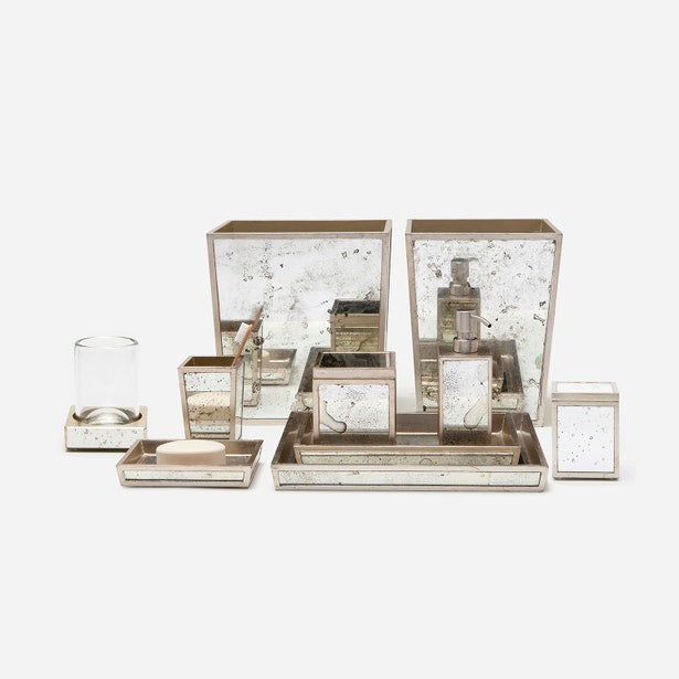 Atwater bath accessory collection in antiqued mirror and champagne finish, full set styled together.