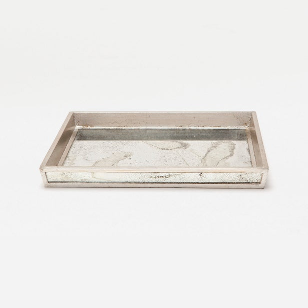 Atwater bath tray with antiqued mirrored surface and silver-toned frame, angled view.