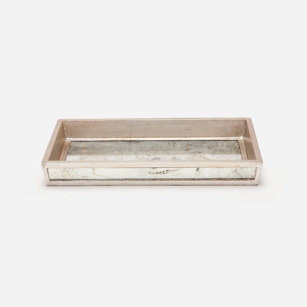 Pigeon & Poodle Atwater bath tray with antiqued mirrored base and wood frame, angled view.