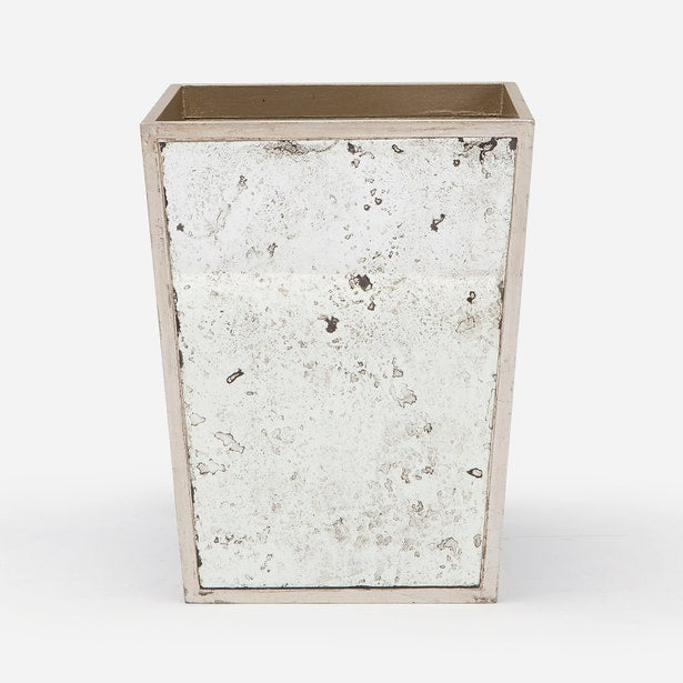 Pigeon & Poodle Atwater wastebasket with antiqued mirror panel and silver frame detail.