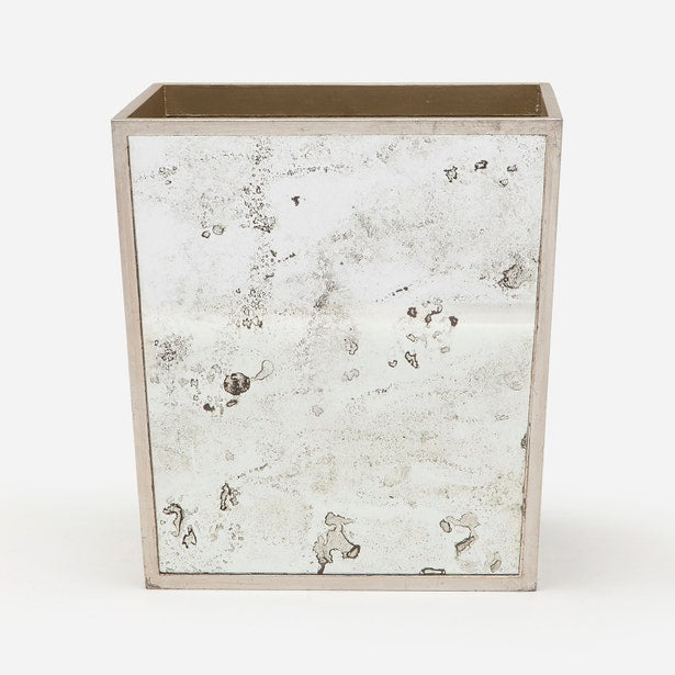 Pigeon & Poodle Atwater wastebasket with antiqued mirror panels and silver frame detail.