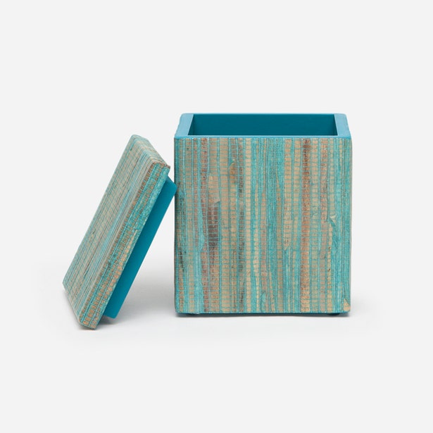 Pigeon & Poodle Bali bath canister in turquoise with multicolor stripe texture, lid ajar.