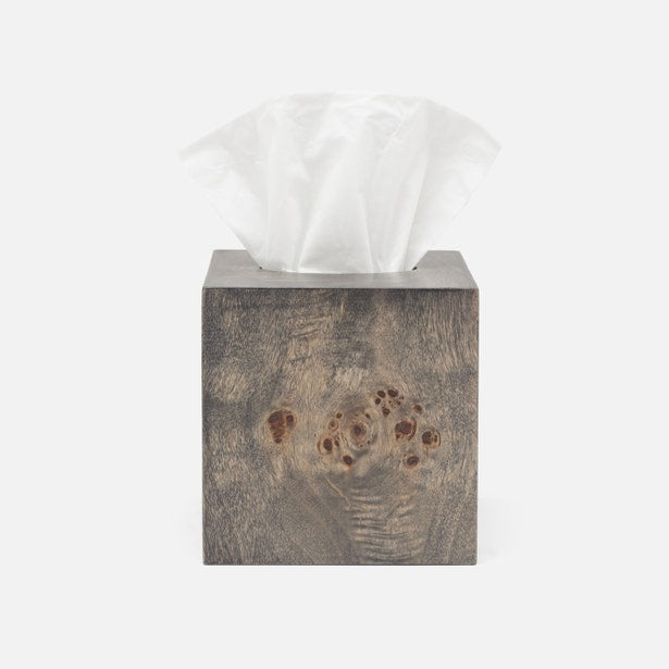 Pigeon & Poodle Bern tissue box in weathered grey wood with burl knot detail.