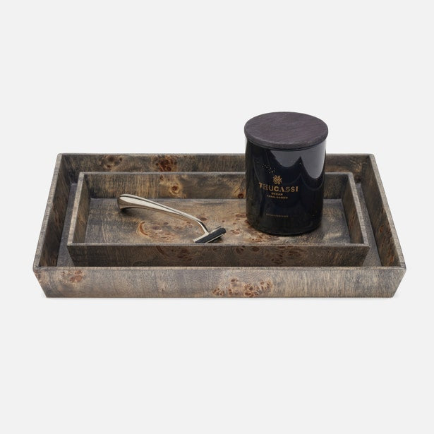 Pigeon & Poodle Bern trays stacked, styled with a razor and dark candle jar.