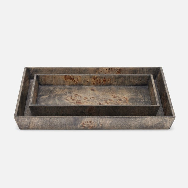 Pigeon & Poodle Bern nesting tray set in grey burl wood, rectangular, set of two.