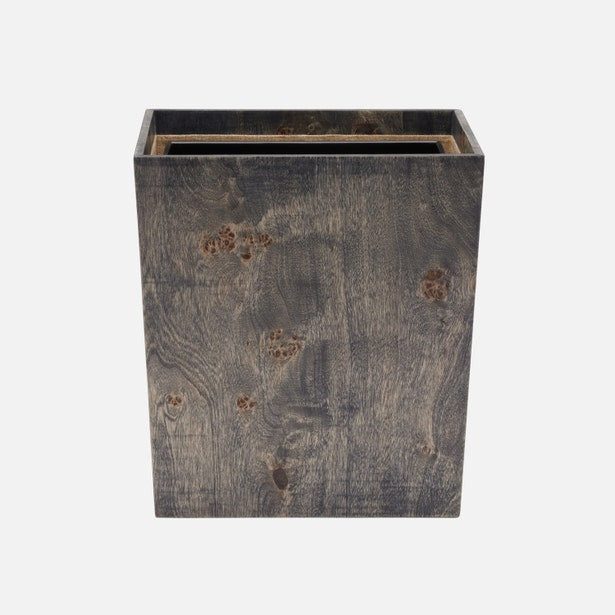 Pigeon & Poodle Bern wastebasket in dark wood grain finish, front angle view.