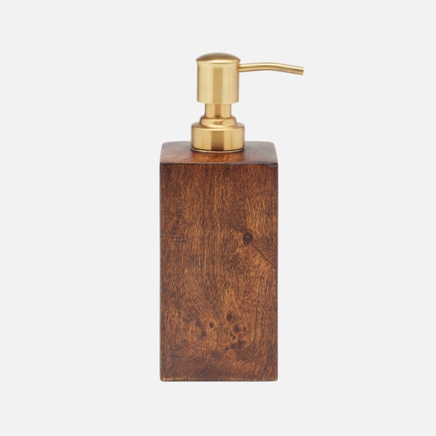 Pigeon & Poodle Bern soap pump, close-up showing wood grain and brass pump detail.