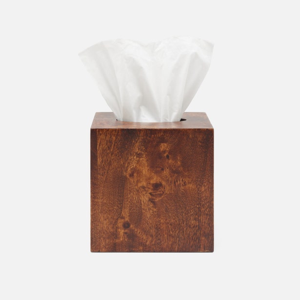 Dark walnut-finish wood grain tissue box with white tissue emerging from top opening.