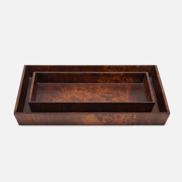 Pigeon & Poodle Bern nesting tray set stacked, dark walnut burl wood finish.