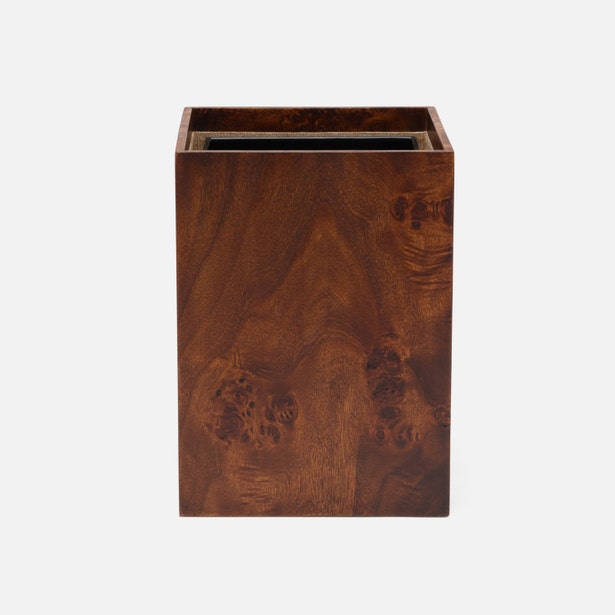 Pigeon & Poodle Bern wastebasket in burl wood finish, square form with open top.