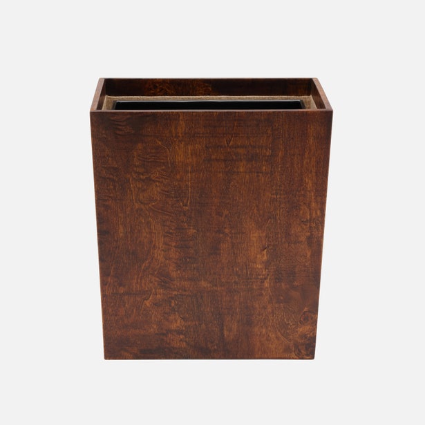 Pigeon & Poodle Bern wastebasket in dark walnut-tone wood grain, front view.