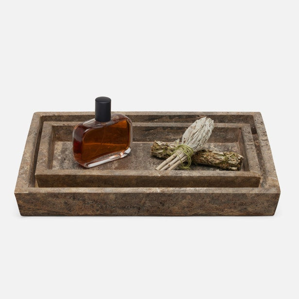 Pigeon & Poodle Bowen nesting tray set in brown marble with perfume bottle and sage bundle.