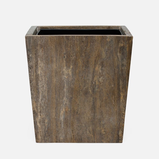Pigeon & Poodle Bowen wastebasket, angled view showing travertine-look tapered form.