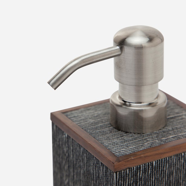 Close-up of Bruges soap pump showing brushed nickel dispenser head and textured charcoal body with walnut trim.