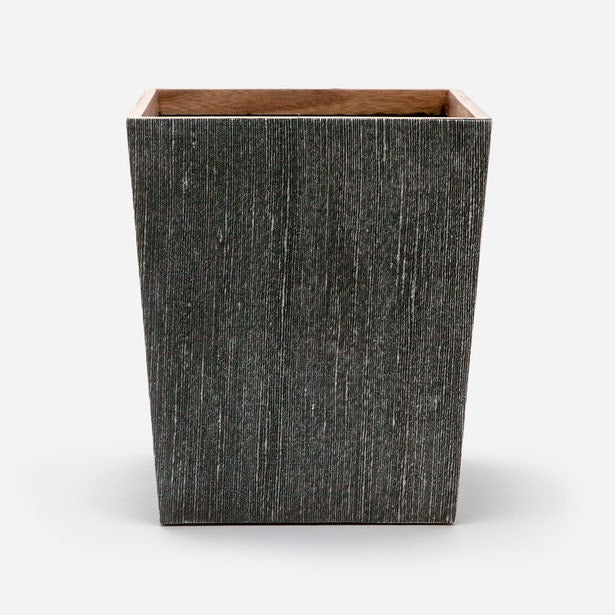 Pigeon & Poodle Bruges wastebasket in charcoal textured fabric with wood interior.