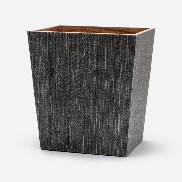 Pigeon & Poodle Bruges wastebasket, angled view showing charcoal textured exterior and warm wood interior.