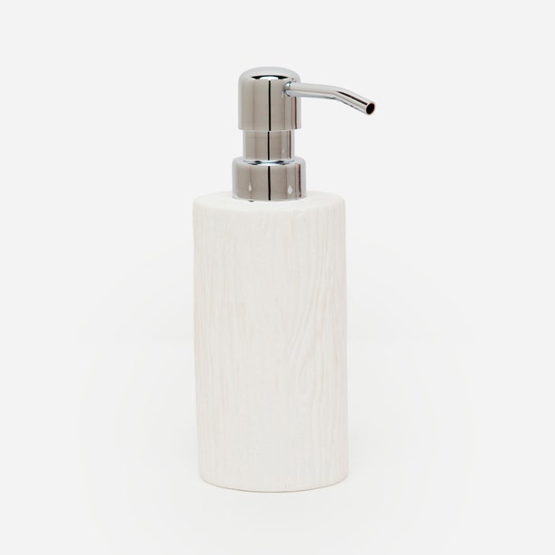 Pigeon & Poodle Burma soap pump in white wood-grain resin with polished chrome pump.