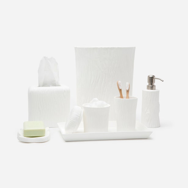 White Burma bath accessory set with wood-grain texture, including soap pump, tray, and more.