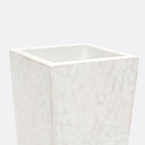 Close-up of Pigeon & Poodle Callas bath canister top opening, white mosaic shell inlay.