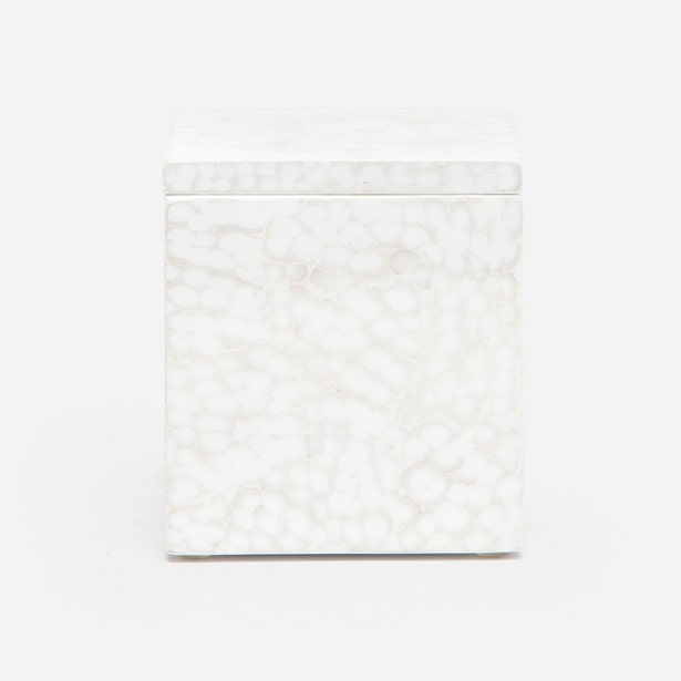 Pigeon & Poodle Callas bath canister in ivory mosaic shell, square lidded form.