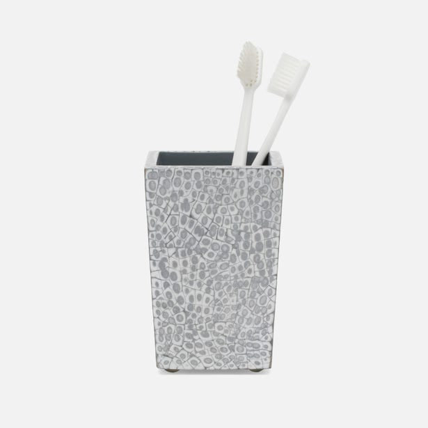 Pigeon & Poodle Callas brush holder in silver with embossed crocodile texture, holding two toothbrushes.
