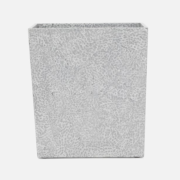 Pigeon & Poodle Callas wastebasket in white mosaic resin, three-quarter view.