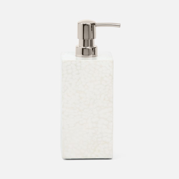 Pigeon & Poodle Callas soap pump, white mosaic resin body with polished nickel pump.
