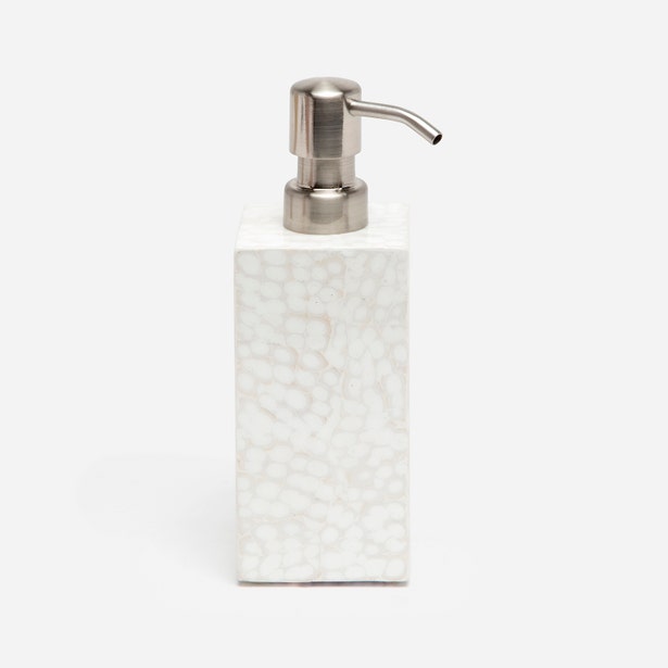 Pigeon & Poodle Callas soap pump, close-up of white bone inlay mosaic texture with brushed nickel top.