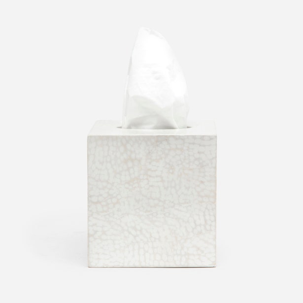 Pigeon & Poodle Callas tissue box in ivory crackle glaze, front view with tissue pulled through.