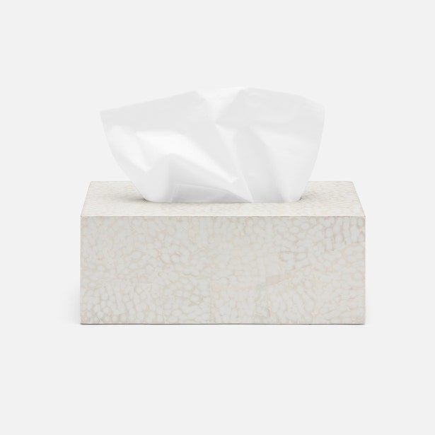 Ivory mosaic-patterned tissue box with white tissue, angled three-quarter view.