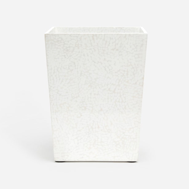 Pigeon & Poodle Callas wastebasket in white with crackle glaze texture, three-quarter view.