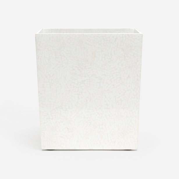 Pigeon & Poodle Callas wastebasket in ivory crackle lacquer finish, square profile.