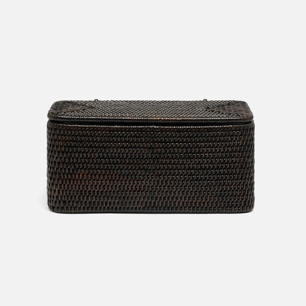 Dark espresso woven rattan rectangular toilet paper holder, closed lid, side view.