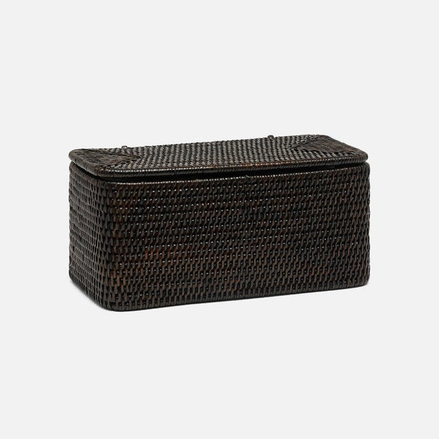 Dark espresso woven rattan rectangular box with fitted lid, angled three-quarter view.