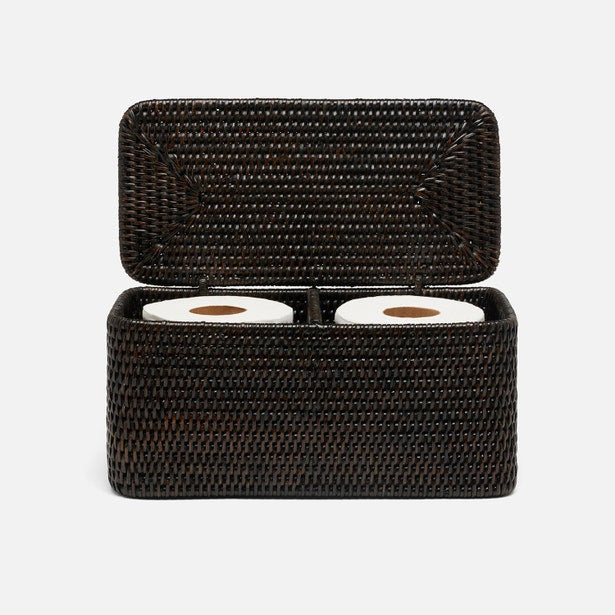 Pigeon & Poodle Camden dark rattan toilet paper holder open, showing two rolls inside.