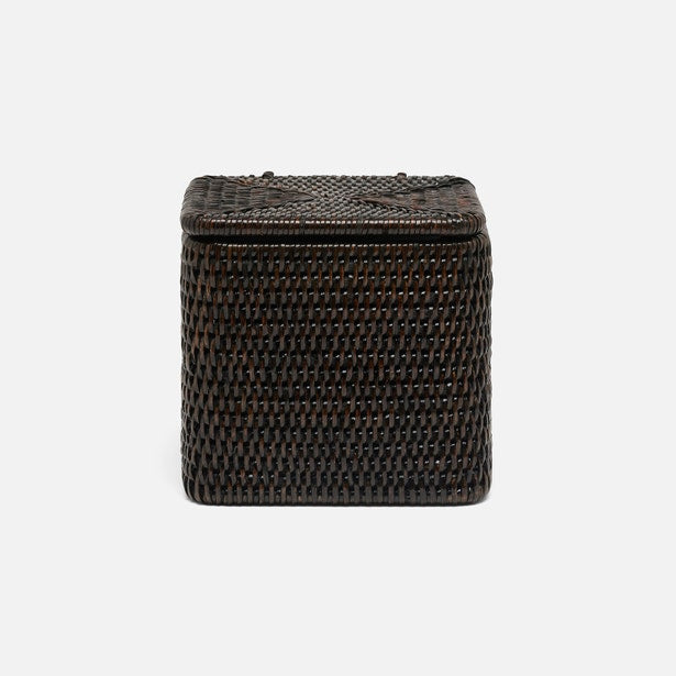 Dark espresso woven rattan square toilet paper holder with lid, front view.
