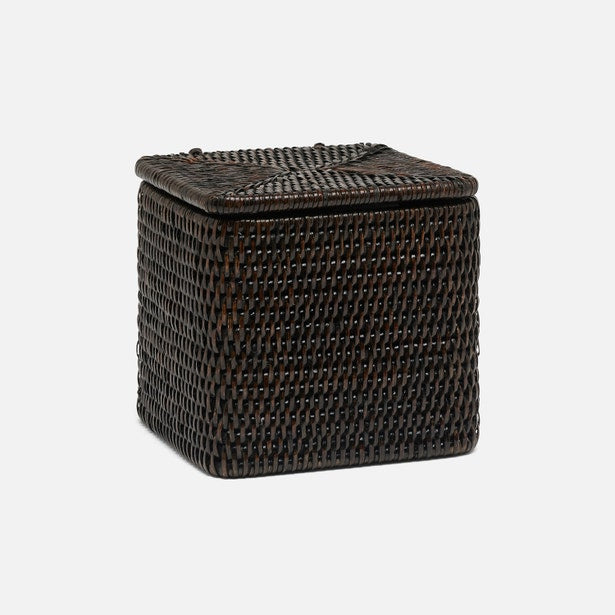 Dark espresso rattan woven square tissue box cover with fitted lid, angled view.