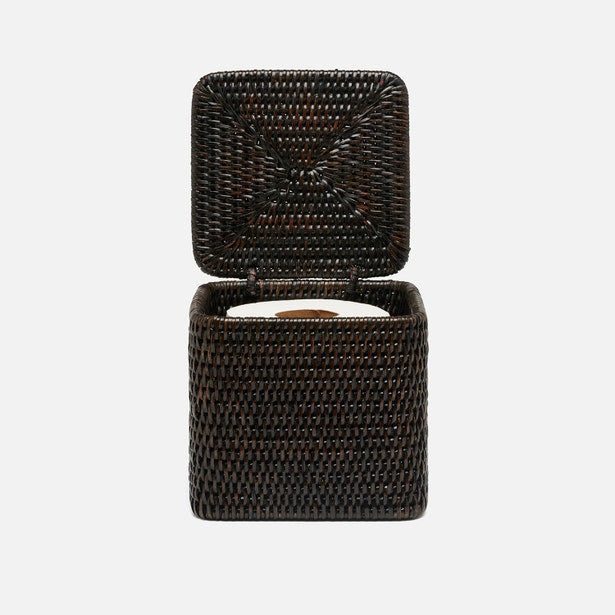 Dark espresso rattan square toilet paper holder with hinged lid open, showing interior roll.