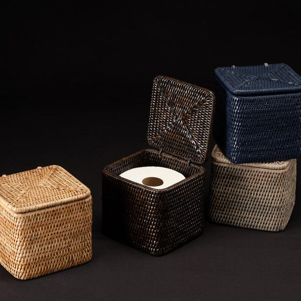 Pigeon & Poodle Camden rattan toilet paper holders in natural, black, grey, and navy.