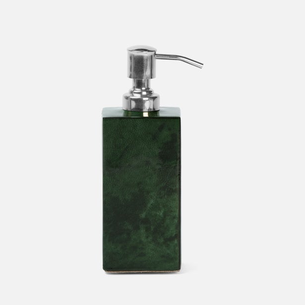 Pigeon & Poodle Carlow soap pump in forest green resin with chrome dispenser head.