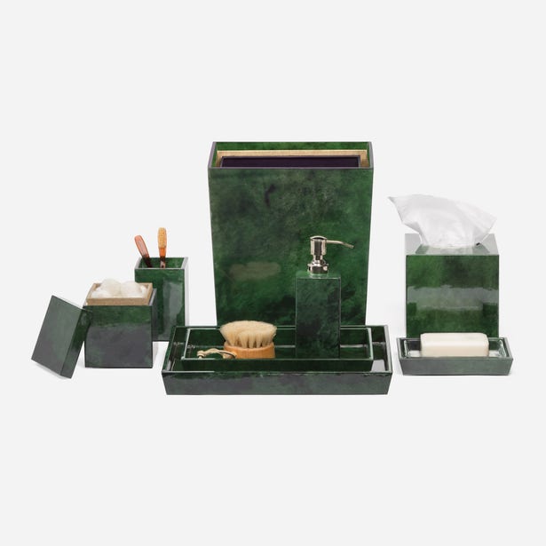 Close-up of Pigeon & Poodle Carlow green lacquered soap dish in styled bath accessory set.