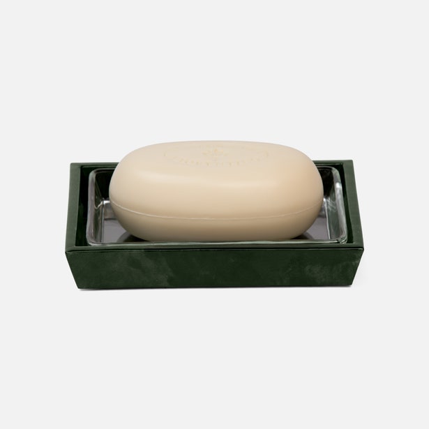 Pigeon & Poodle Carlow soap dish in green marble with cream bar soap, angled view.