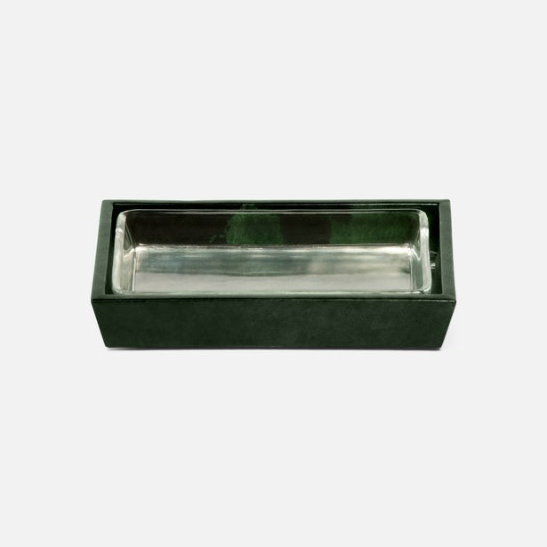 Forest green lacquered soap dish with polished silver-toned metal interior liner.