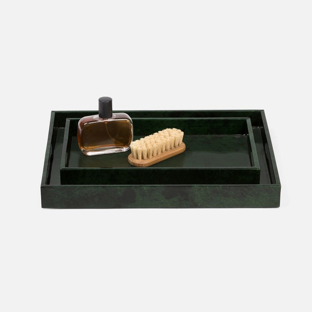 Pigeon & Poodle Carlow nesting tray set in forest green with perfume bottle and brush.