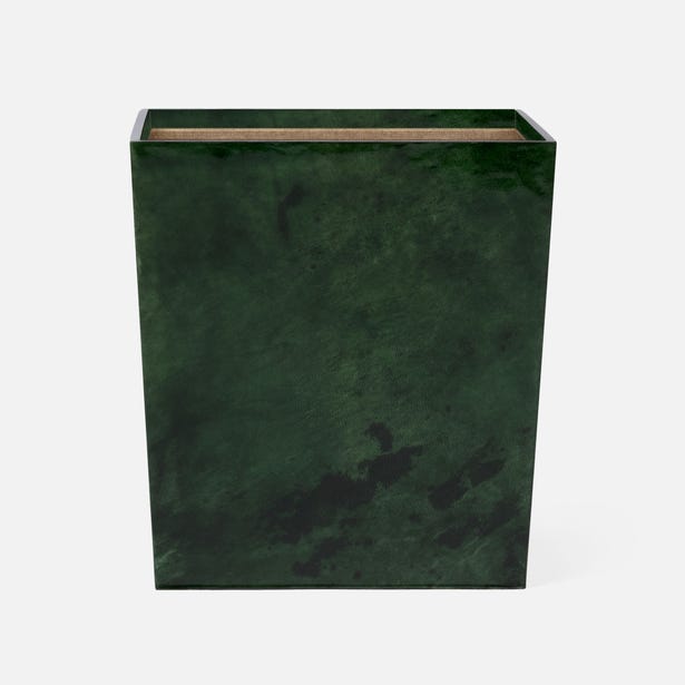 Pigeon & Poodle Carlow wastebasket in forest green suede-like finish with gold rim.