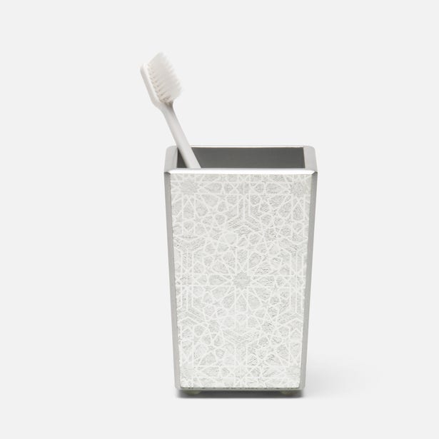 Pigeon & Poodle Caro brush holder in white mosaic pattern with toothbrush.