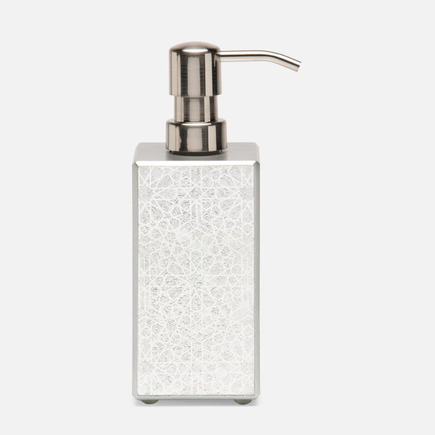 Pigeon & Poodle Caro soap pump in white with geometric etched pattern and nickel pump.