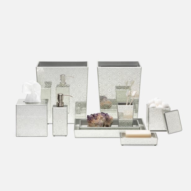 Pigeon & Poodle Caro mirrored bath accessories collection styled together on grey background.