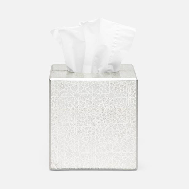 Pigeon & Poodle Caro tissue box in silver with geometric lattice pattern, tissue emerging from top.