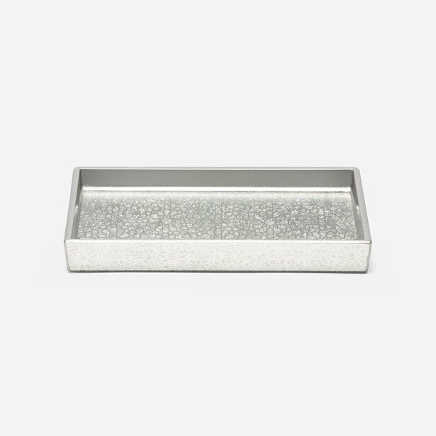 Pigeon & Poodle Caro bath tray with silver crackle mosaic pattern, angled view.